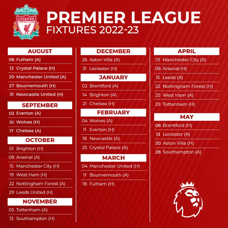 Lịch thi đấu trọn mùa 2022/23 của Liverpool