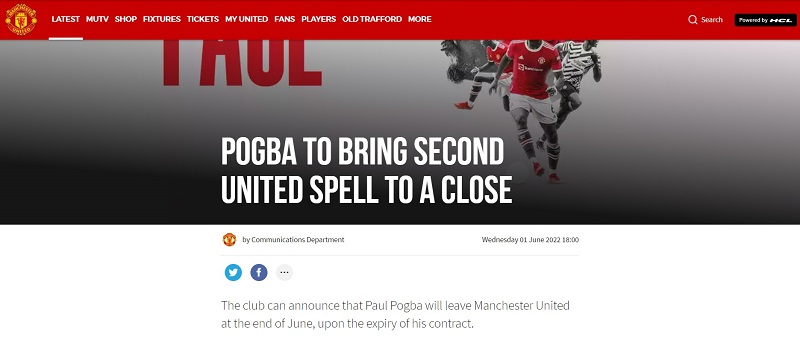 Trang chủ CLB Manchester United đăng thông báo ngắn gọn về sự ra đi của Paul Pogba