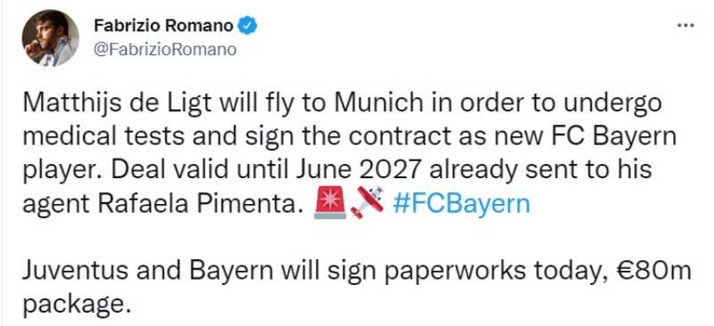Nhà báo Fabrizio Romano xác nhận việc Matthijs de Ligt đầu quân cho Bayern Munich