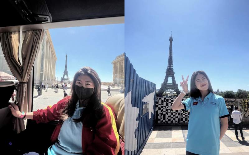 Hot girl tuyển nữ Việt Nam Thanh Nhã tạo kiểu dễ thương với tháp Eiffel