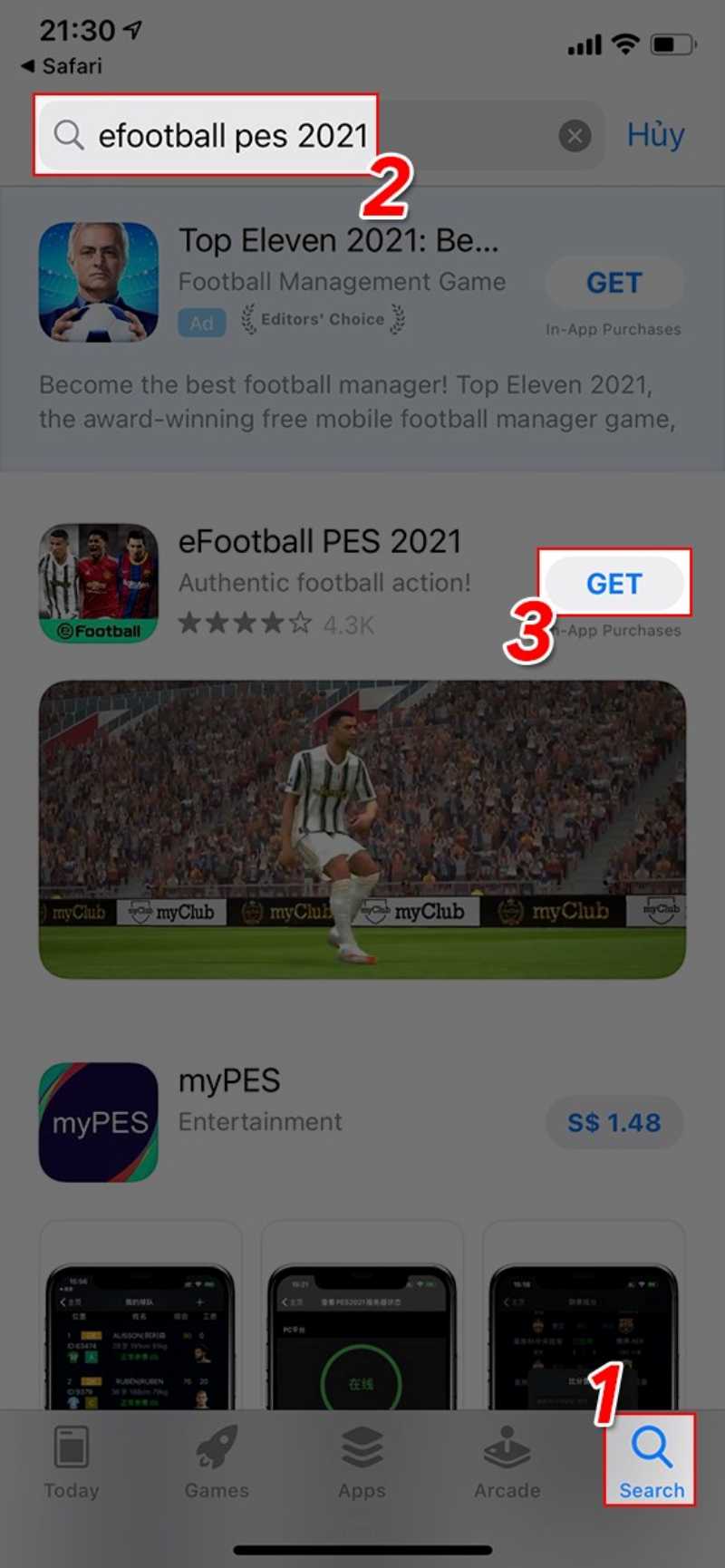 Mở AppStore tìm kiếm game eFootball PES 2021 và nhấn GET để cài trò chơi