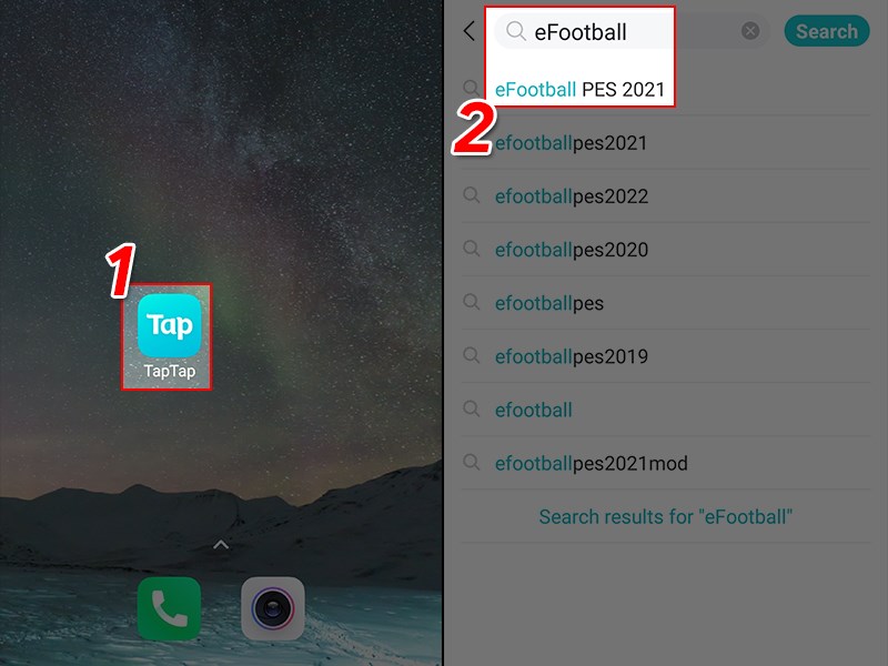Mở ứng dụng TapTap và tìm kiếm game eFootball chọn PES 2021