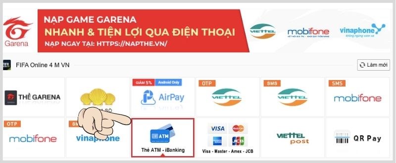 Nạp thẻ FIFA Online 4 bằng thẻ ATM - iBanking
