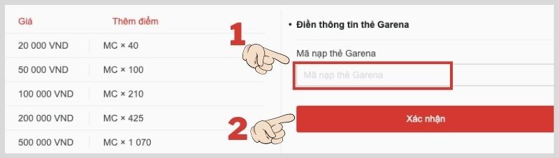 Nhập chính xác mã thẻ bạn vào ô "Mã nạp thẻ Garena"