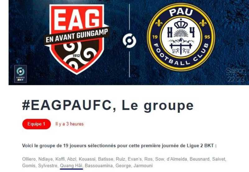 Quang Hải có tên trong danh sách đăng ký thi đấu của Pau FC trước màn đối đấu với Guingamp