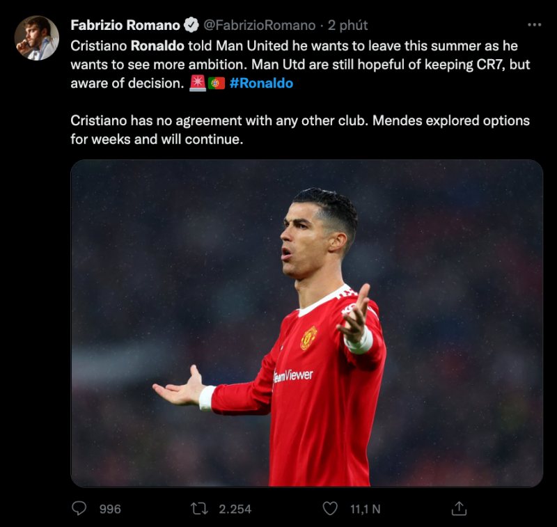 Romano xác nhận Ronaldo vẫn chưa đồng ý với CLB nào, dù vậy người đại diện Jorge Mendes vẫn đang tìm kiếm CLB tương thích
