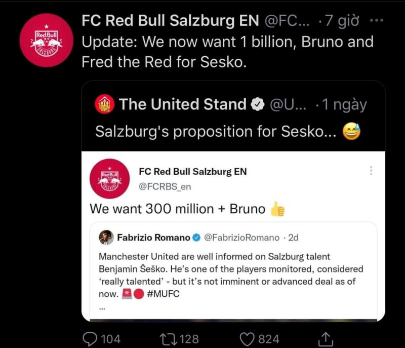 Trang chủ RB Salzburg đòi 1 tỷ euro, thêm Bruno và linh vật Fred the Red của Man Utd cho Sesko