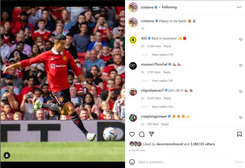 Cristiano Ronaldo đăng dòng trạng thái trên Instagram sau trận đấu với Rayo Vallecano