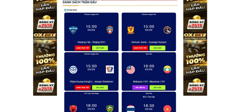 Danh sách các trận đấu được hiển thị cụ thể trên trang Caheo TV