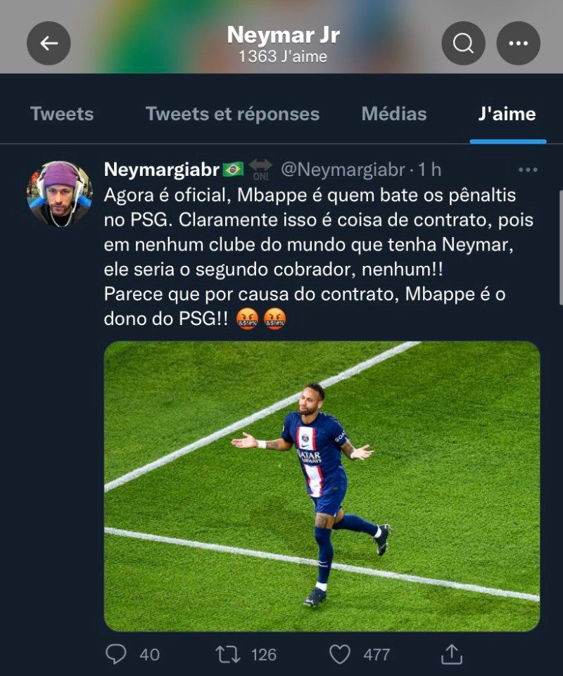 Neymar like một bài đăng trên Twitter về việc Mbappe sẽ thực hiện các quả phạt đền cho PSG ở các trận đấu tới