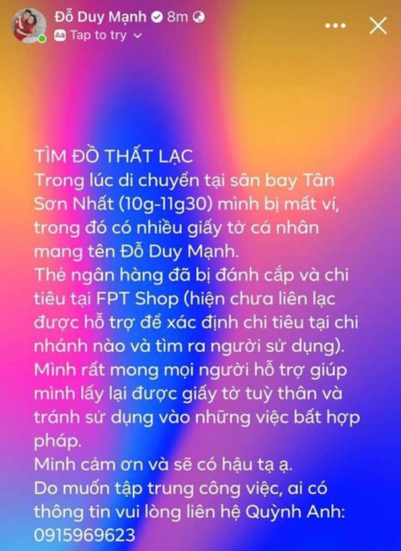 Duy Mạnh gặp sự cố bất ngờ trong ngày hội quân ĐT Việt Nam