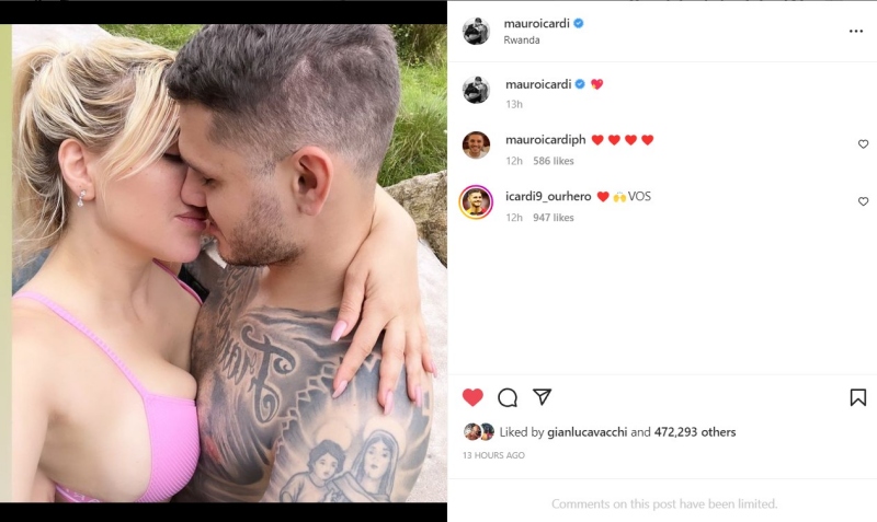 Mauro Icardi đăng tải hình ảnh hôn nồng cháy với Wanda Nara lên tài khoản Instagram cá nhân