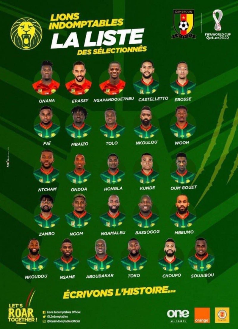Đội hình chính thức tuyển Cameroon World Cup 2022