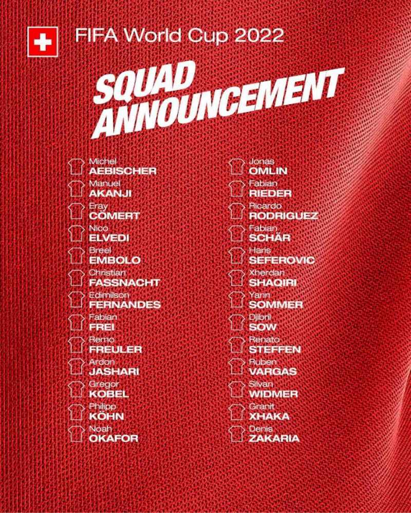 Đội hình chính thức tuyển Thụy Sĩ World Cup 2022