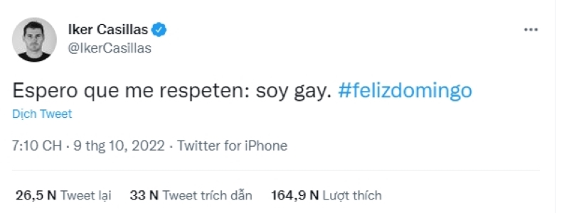 Dòng tweet của Iker Casillas, tạm dịch: “tôi hy vọng mọi người sẽ tôn trọng tôi: tôi là người đồng tính”