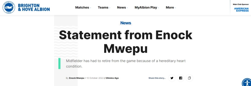Trang chủ Brighton & Hove Albion xác nhận việc Enock Mwepu giải nghệ ở tuổi 24