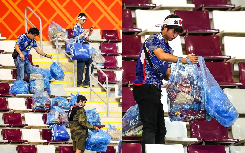 Các fan tuyển Nhật Bản ở lại, tiến hành thu dọn rác sau khi dự khán trận Đức