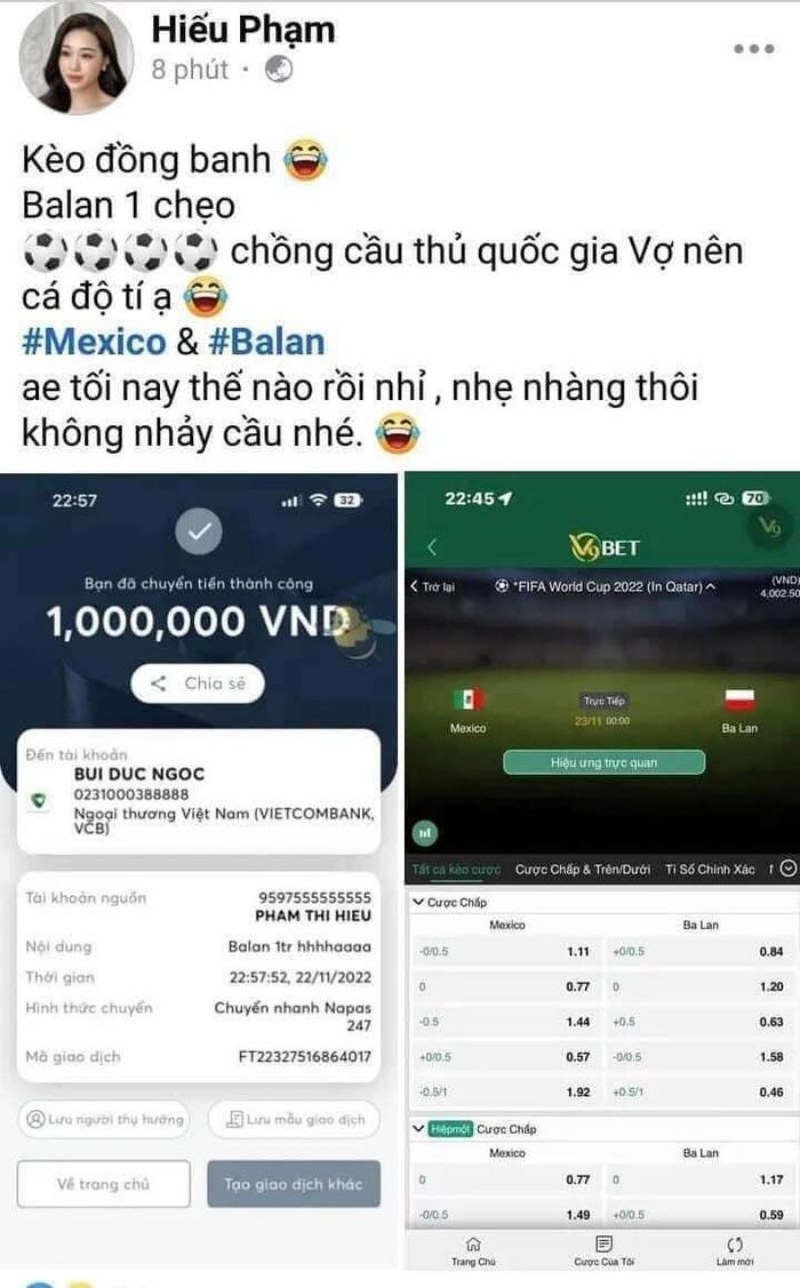 Phạm Hiếu - vợ tuyển thủ quốc gia Việt Nam Hồ Tấn Tài bất ngờ đăng tải hình ảnh tham gia cá cược bóng đá World Cup 2022