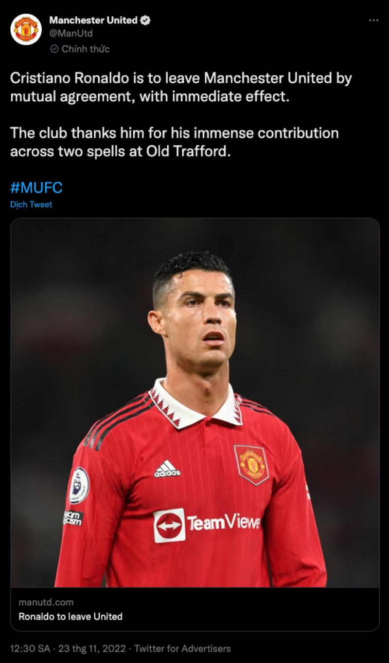 Trang chủ Man Utd chính thức xác nhận sự rời đi của Cristiano Ronaldo