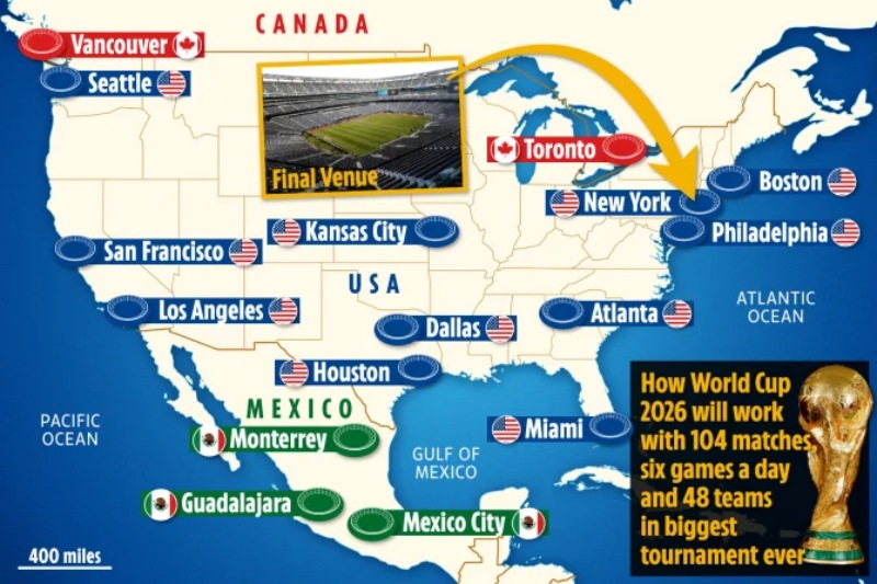 16 thành phố tại Mỹ, Canada và Mexico sẽ đăng cai tổ chức các trận đấu ở World Cup 2026