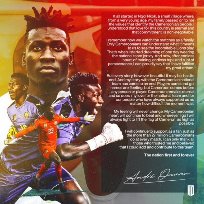 Andre Onana thông báo trên Twitter về việc giã từ đội tuyển quốc gia Cameroon ở tuổi 26