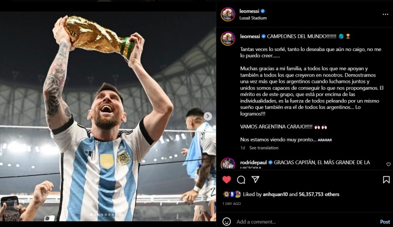 Bài đăng bộ ảnh nâng cúp vàng World Cup 2022 của Lionel Messi trở thành post có lượng thả tương tác nhiều nhất trên mạng xã hội Instagram