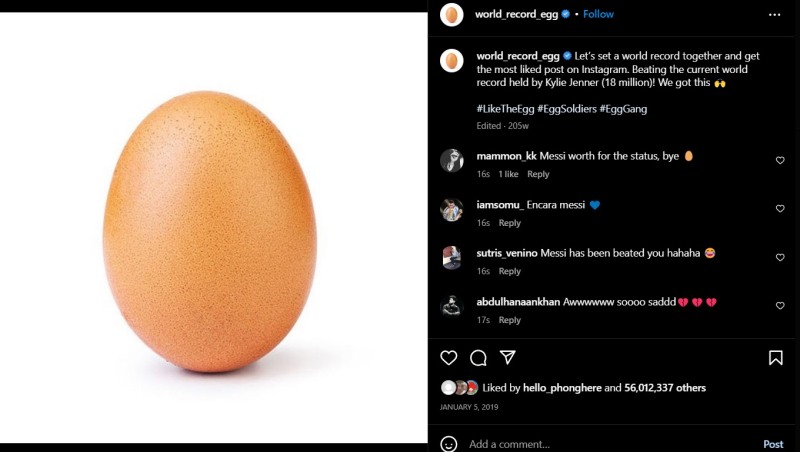Bài hình quả trứng trên tài khoản world_record_egg từng nắm giữ kỷ lục với 55 triệu 953 nghìn lượt react