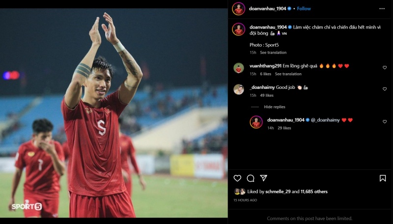 Đoàn Văn Hậu khóa tính năng bình luận trên tài khoản Instagram sau chiến thắng Malaysia