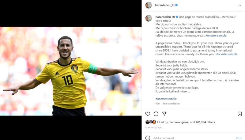 Eden Hazard tuyên bố giã từ đội tuyển quốc gia Bỉ