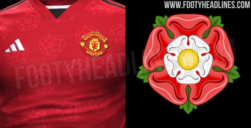 Họa tiết bông hoa hồng trên chiếc áo đấu sân nhà màu đỏ của MU mùa 2023/24