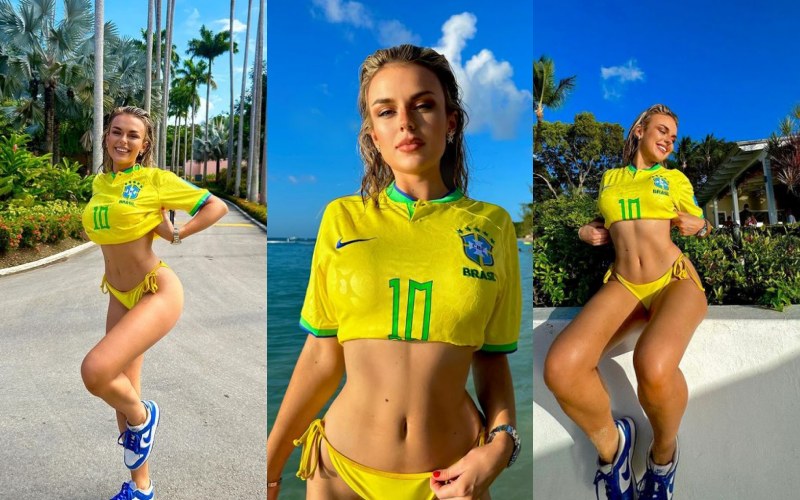 Nữ ca sĩ Tallia Storm quyến rũ với chiếc áo số 10 Neymar của tuyển Brazil