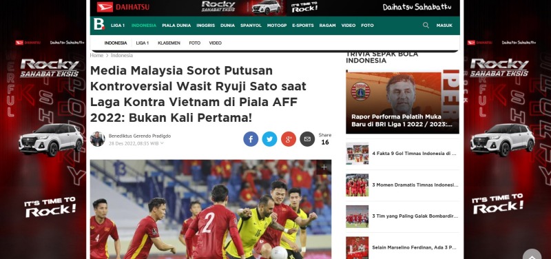 Tờ Bola của Indonesia cho rằng trọng tài Ryuji Sato khi truất quyền thi đấu của Azam Azmi và cho Việt Nam hưởng penalty