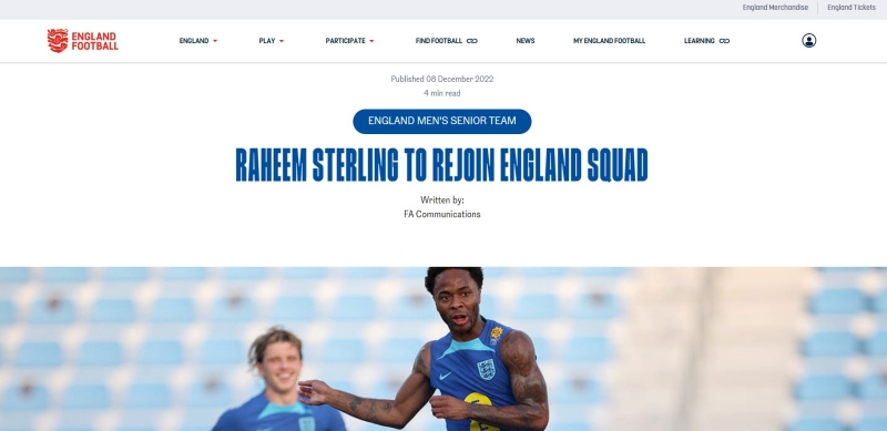 Trang chủ của Liên đoàn bóng đá Anh (FA) thông báo Raheem Sterling sẽ hội quân trở lại cùng tuyển Anh vào ngày 9/12