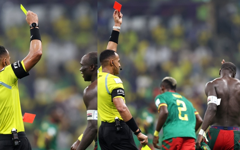 Vincent Aboubakar nhận thẻ vàng thứ hai và phải rời sân sau pha cởi áo ăn mừng bàn thắng vào lưới Brazil