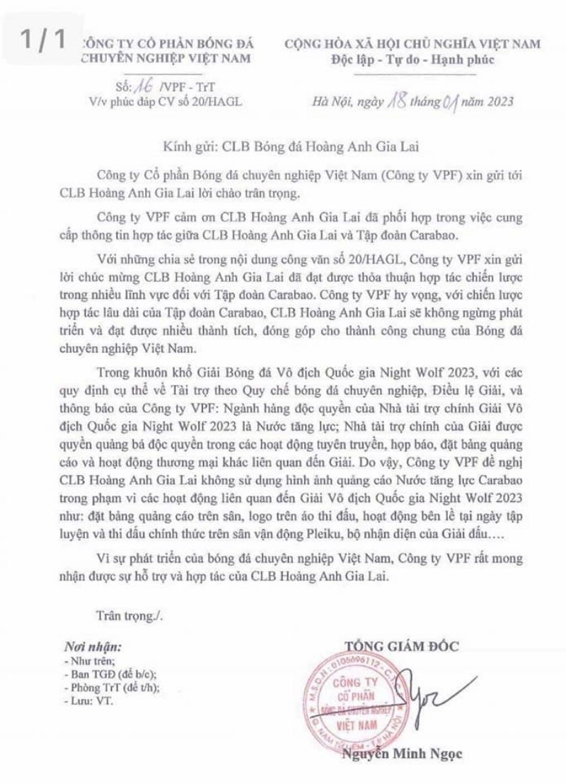 Công ty Cổ phần Bóng đá chuyên nghiệp Việt Nam VPF gửi công văn đề nghị đội chủ sân Pleiku không sử dụng hình ảnh nhà tài trợ mới Carabao trong phạm vi V-League 2023