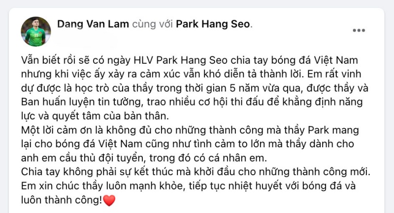 Thủ môn Đặng Văn Lâm nghẹn ngào chia sẻ về thầy Park