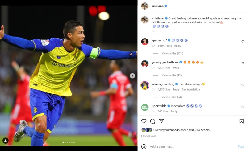 Cristiano Ronaldo đăng dòng trạng thái phấn khích trên tài khoản Instagram cá nhân