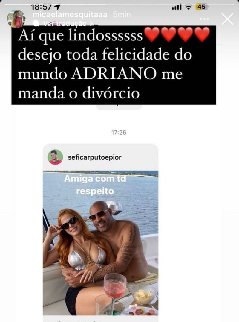 Micaela Mesquita đăng tải dòng trạng thái bày tỏ nguyện vọng ly hôn với Adriano