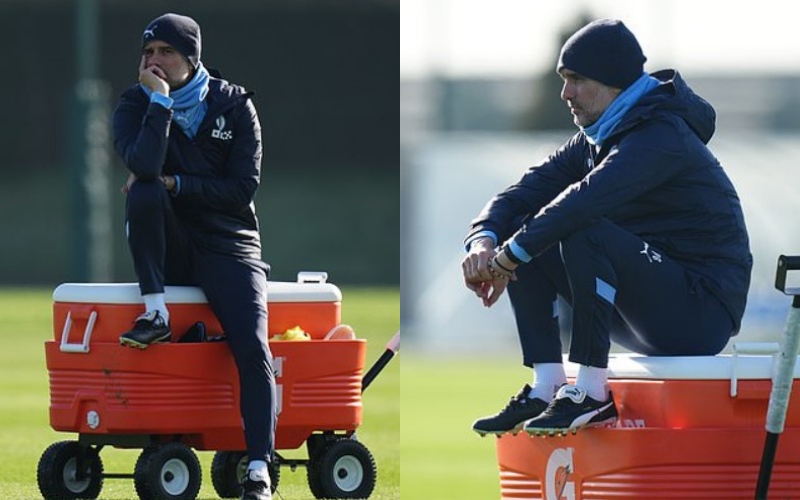 Pep Guardiola trầm ngâm khi theo dõi các học trò tập luyện trước trận gặp Aston Villa