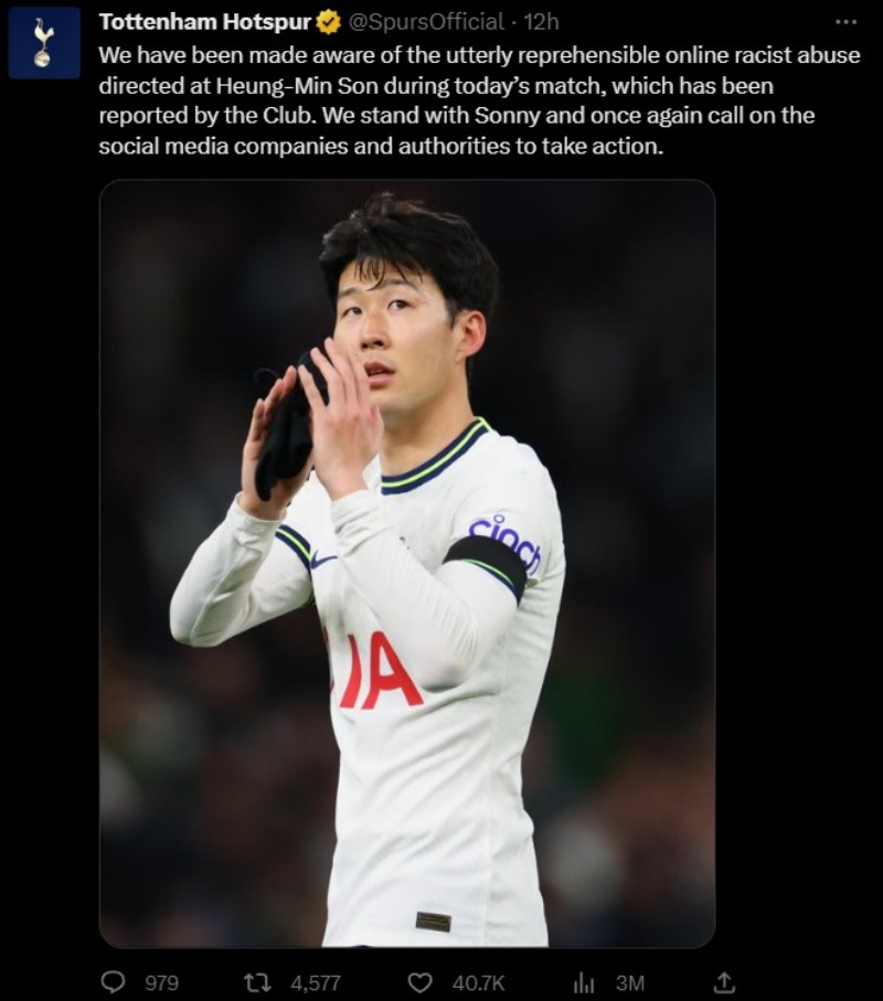 Tài khoản Twitter Tottenham Hotspur lên tiếng bảo vệ Son Heung-min trước hành vi phân biệt chủng tộc nhắm vào cầu thủ Hàn Quốc