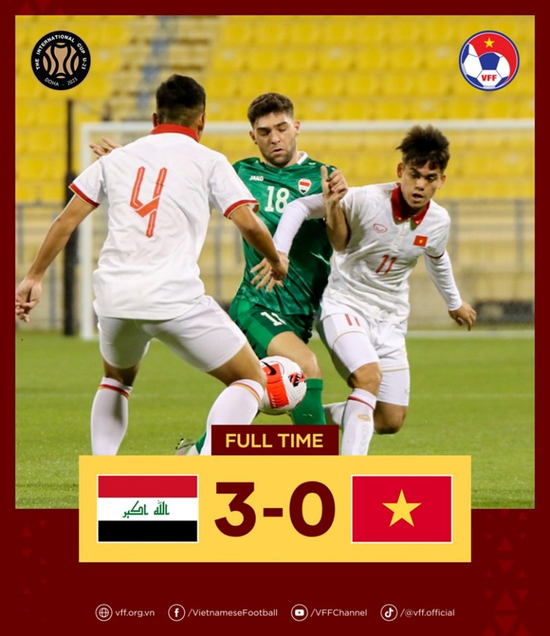 U23 Việt Nam thua chung cuộc 0-3 trước U23 Iraq tại trận mở màn Doha Cup 2023