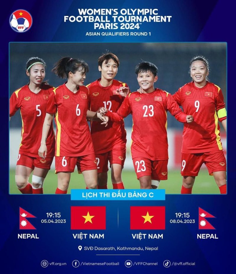 ĐT nữ Việt Nam gặp Nepal vào 19h15 ngày 5/4 trong khuôn khổ lượt đi vòng loại thứ nhất Olympic Paris 2024