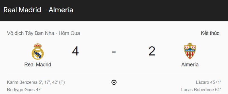 Kết quả Real Madrid vs Almería (23h30 ngày 29/4)