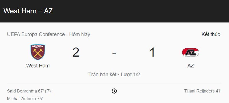 Kết quả West Ham vs AZ Alkmaar (2h ngày 12/5)