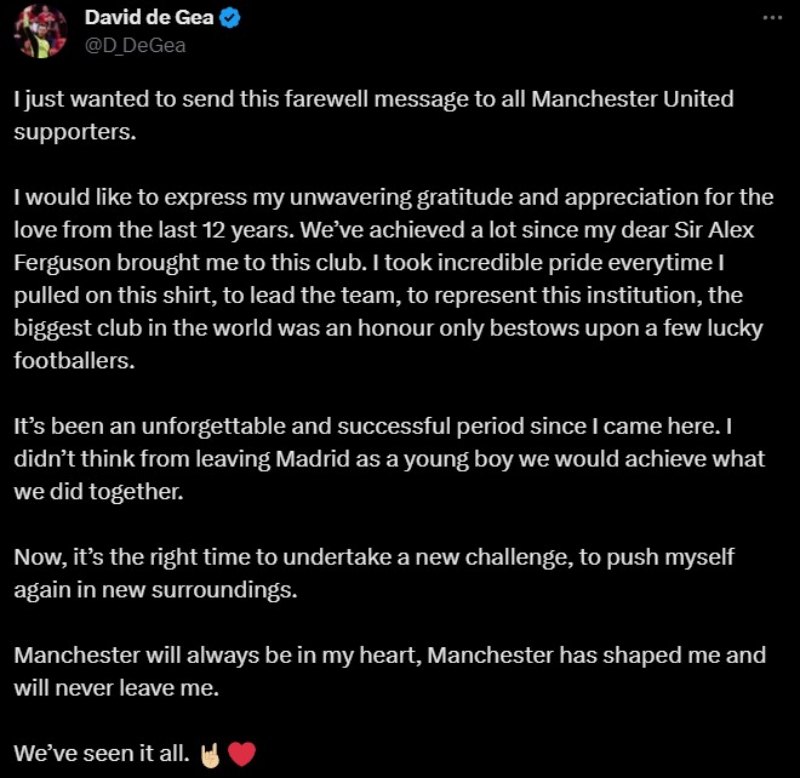 David De Gea nói lời chia tay người hâm mộ MU trên mạng xã hội