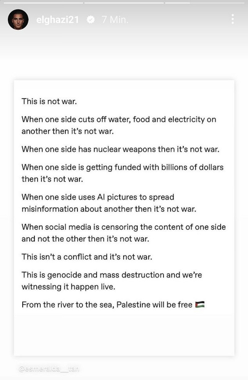 Anwar El Ghazi đăng thông điệp ủng hộ Palestine tấn công Israel